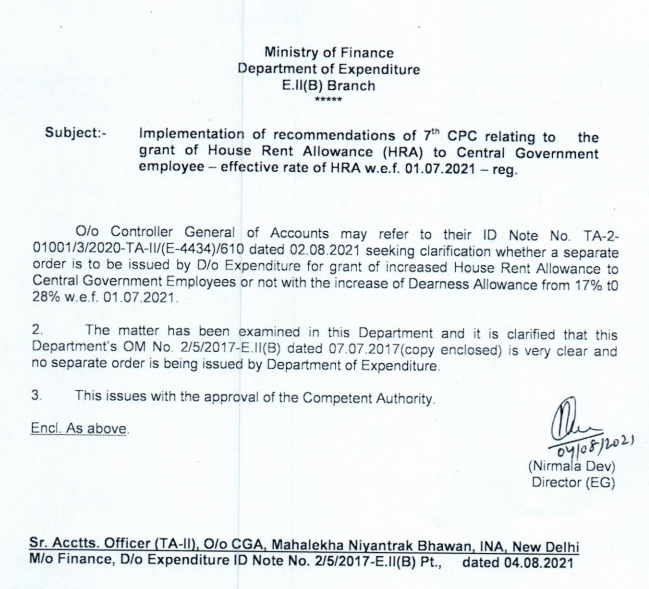 HRA Order July 2021 PDF Revised Rates of 7th CPC HRA from July 2021